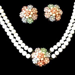 1950s Celluloid Plastic Pastel Flower Cluster/Rhinestone Necklace & Earring Set